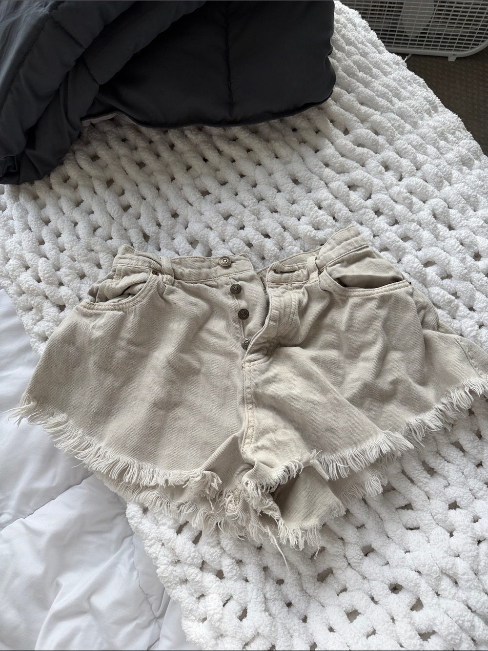 Free People Washed Cream Frayed Hem Button-Front Jean Shorts